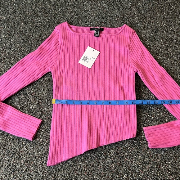 FOREVER21 NWT Bright Pink Square Neck Asymmetrical Ribbed Knit Sweater Shirt M - Picture 13 of 16